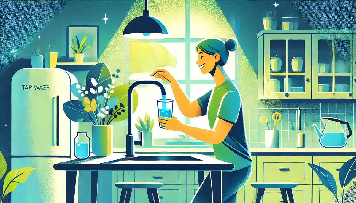 水道水を注ぎ、楽しんでいる人のイラスト